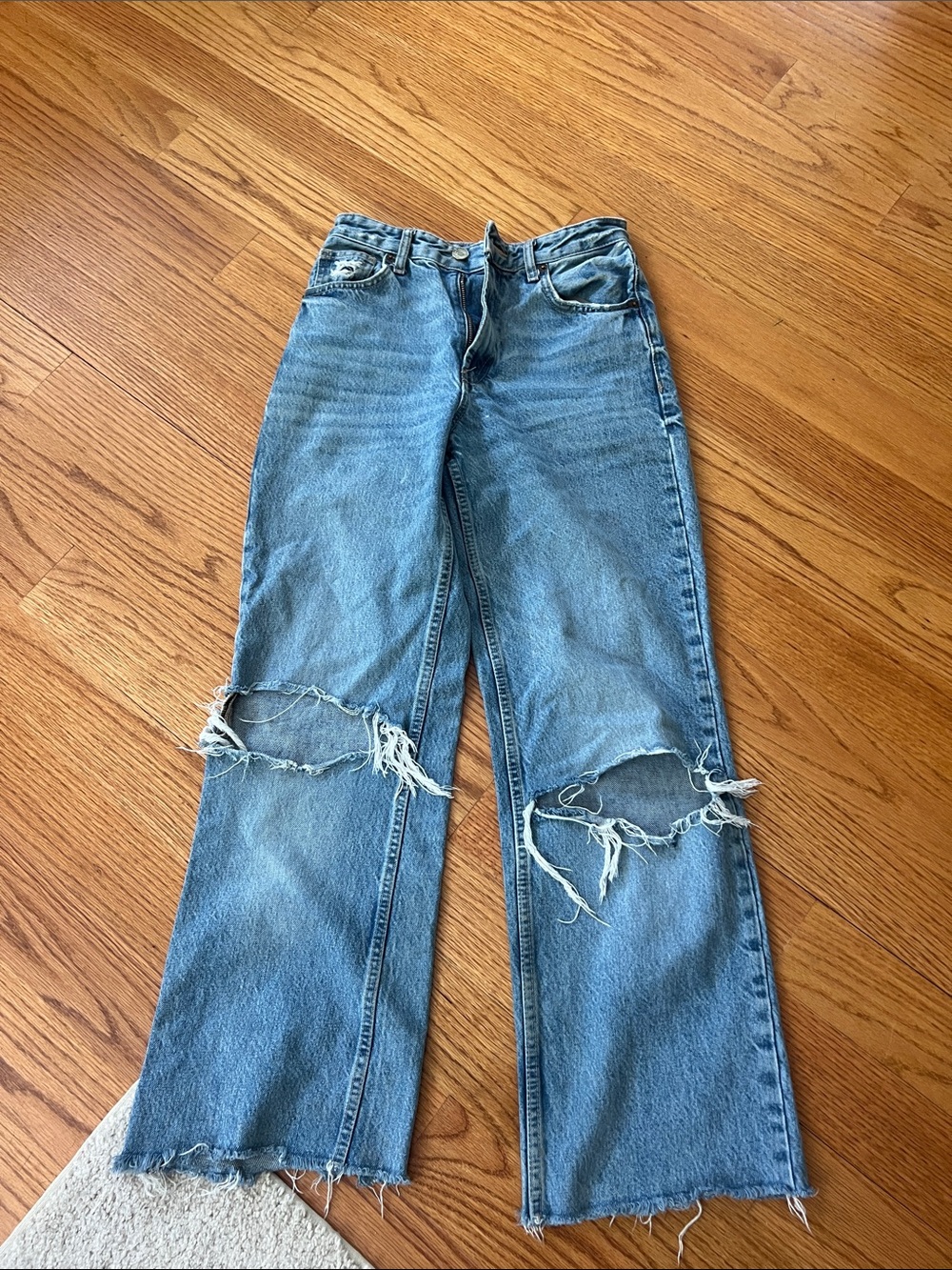 Zara Light Blue Wide-Leg Distressed Jeans
